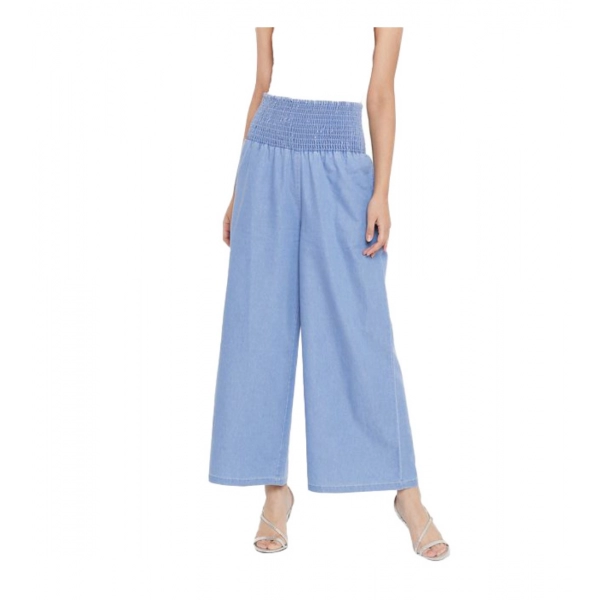 Dropship Women's Denim Solid Smocked Trousers (Blue)