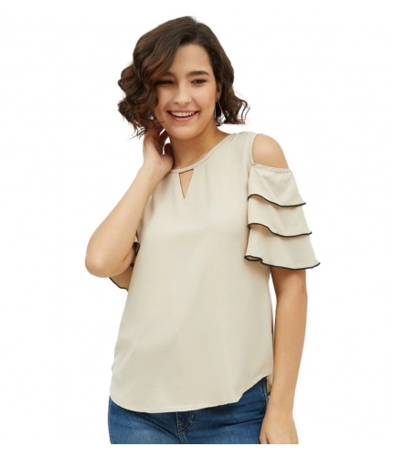 Women's Polyester Tiered Cold Shoulder Top (Beige)