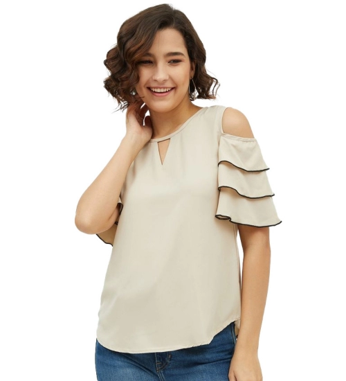 Women's Polyester Tiered Cold Shoulder Top (Beige)