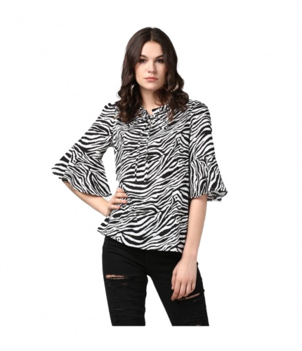 Women's Polyester Animal Print Bell Sleeve Top (Black - White)
