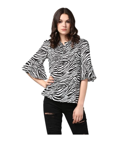 Women's Polyester Animal Print Bell Sleeve Top (Black - White)