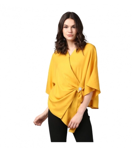 Women's Polyester Solid Cape Sleeve Top (Yellow)