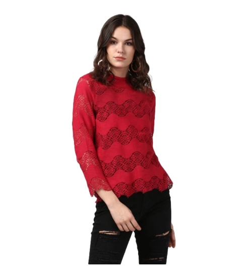Women's Cotton Self Design Long Sleeves Top (Maroon)
