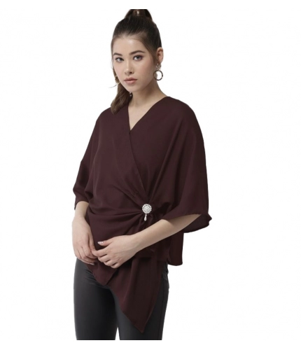 Women's Polyester Solid Cape Sleeve Top (Maroon)