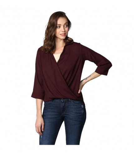 Women's Polyester Solid 3-4th Sleeves Top (Maroon)