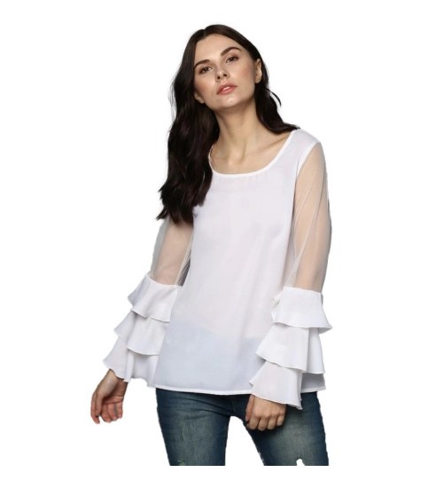 Women's Polyester Solid Tier Sleeve Top (White)