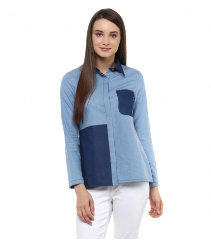 Women's Denim Patch Work Long Sleeves Regular Top (Blue)