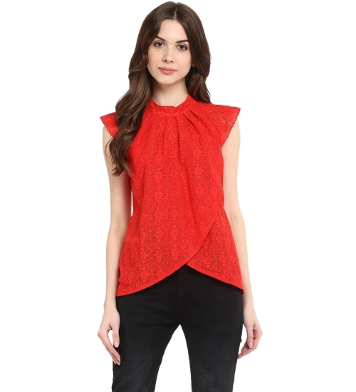 Women's Cotton Lace Embellished Cap Sleeve Regular Top (Red)