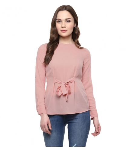 Women's Polyester Solid Long Sleeves Regular Top (Pink)