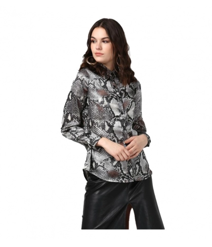 Women's Satin Animal Print Long Sleeves Standard Length Shirt (Black - Grey)