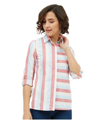 Women's Cotton Striped Long Sleeves Standard Length Shirt (Pink)
