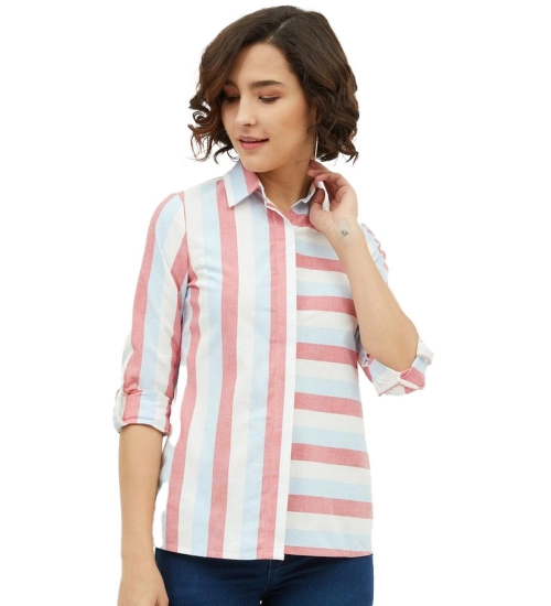 Women's Cotton Striped Long Sleeves Standard Length Shirt (Pink)