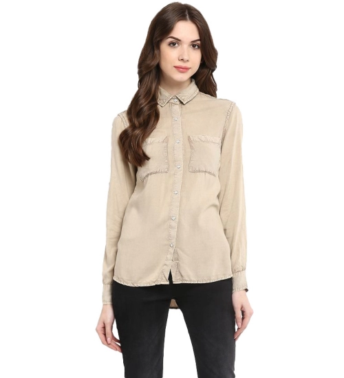 Women's Rayon Solid Long Sleeves Standard Length Shirt (Beige)
