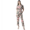 Dropship Women's Polyester Floral Half Sleeve Jumpsuit (Pink)