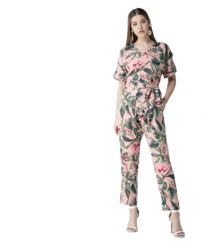 Women's Polyester Floral Half Sleeve Jumpsuit (Pink)