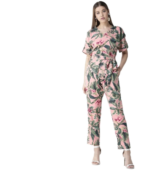 Women's Polyester Floral Half Sleeve Jumpsuit (Pink)