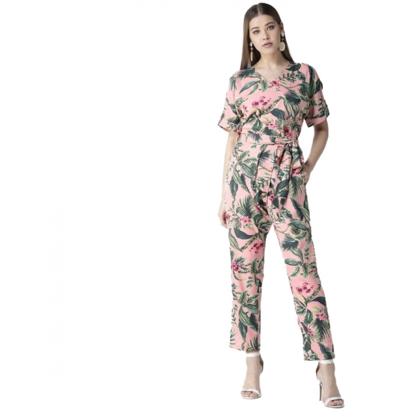 Dropship Women's Polyester Floral Half Sleeve Jumpsuit (Pink)