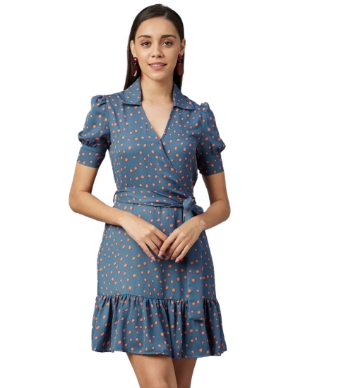 Women's Polyester Polka Short Sleeve Above Knee Dress (Grey - Coral)