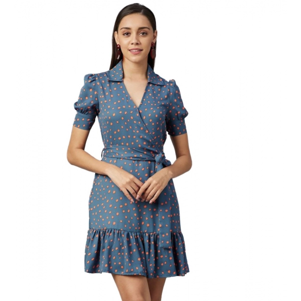 Dropship Women's Polyester Polka Short Sleeve Above Knee Dress (Grey - Coral)