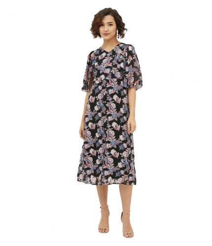 Women's Polyester Chain Print Cap Sleeve Calf-length Dress (Multicolor)