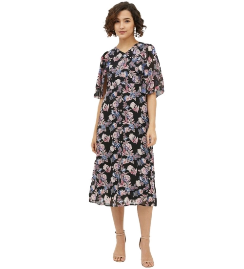 Women's Polyester Chain Print Cap Sleeve Calf-length Dress (Multicolor)