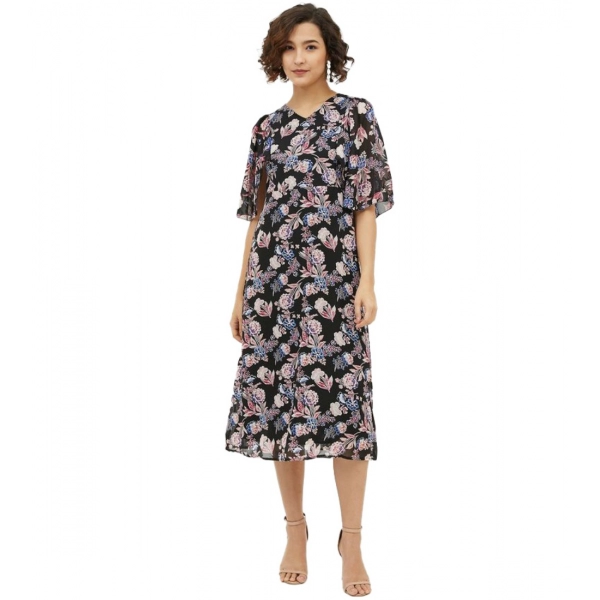 Dropship Women's Polyester Chain Print Cap Sleeve Calf-length Dress (Multicolor)