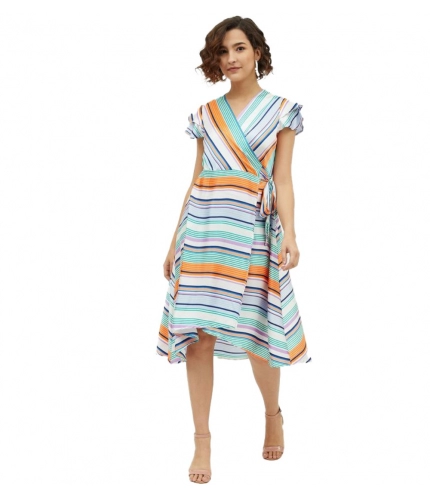 Women's Satin Striped Short Sleeve Knee-Length Dress (Multicolor)