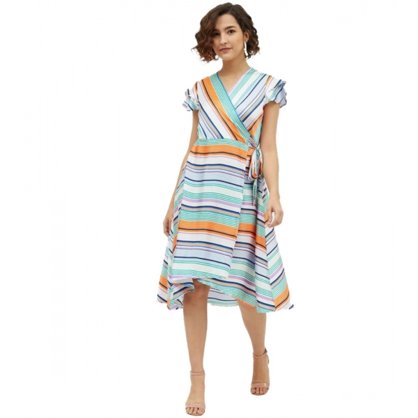 Dropship Women's Satin Striped Short Sleeve Knee-Length Dress (Multicolor)