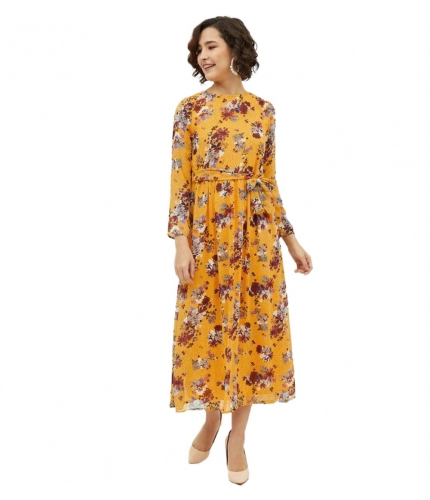 Women's Polyester Floral Long Sleeves Calf-length Dress (Multicolor)