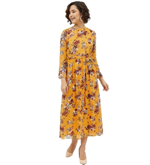 Women's Polyester Floral Long Sleeves Calf-length Dress (Multicolor)