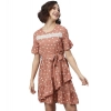 Dropship Women's Polyester Polka Bell Sleeve Above Knee Dress (Brown)