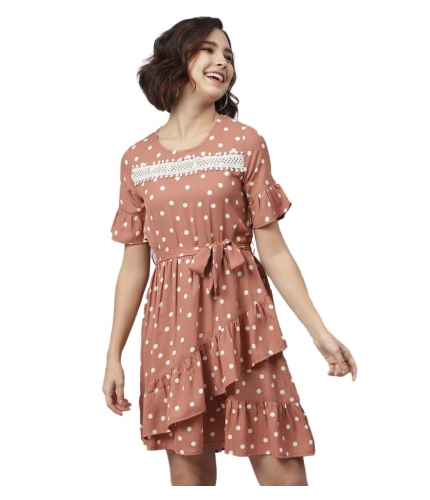 Women's Polyester Polka Bell Sleeve Above Knee Dress (Brown)