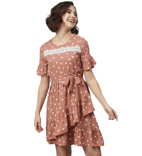 Women's Polyester Polka Bell Sleeve Above Knee Dress (Brown)