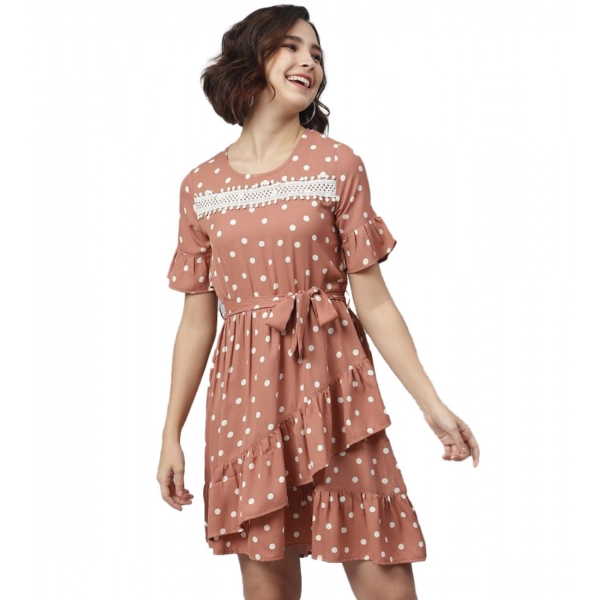 Dropship Women's Polyester Polka Bell Sleeve Above Knee Dress (Brown)