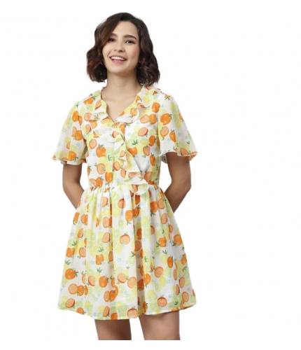 Women's Polyester Printed Flutter Above Knee Dress (Yellow - Orange)