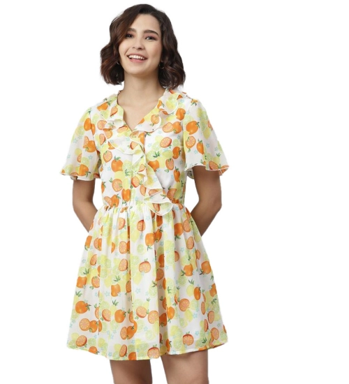 Women's Polyester Printed Flutter Above Knee Dress (Yellow - Orange)