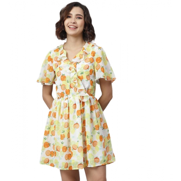 Dropship Women's Polyester Printed Flutter Above Knee Dress (Yellow - Orange)