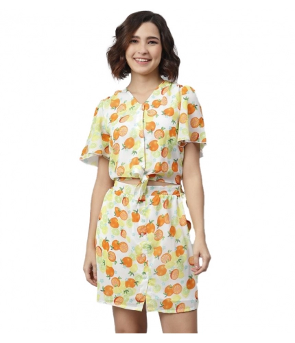 Women's Polyester Printed Flutter Above Knee Dress (Orange - Yellow)