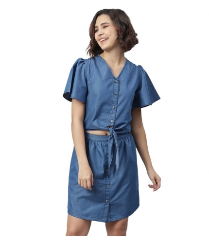 Women's Denim Solid Flutter Above Knee Dress (Blue)