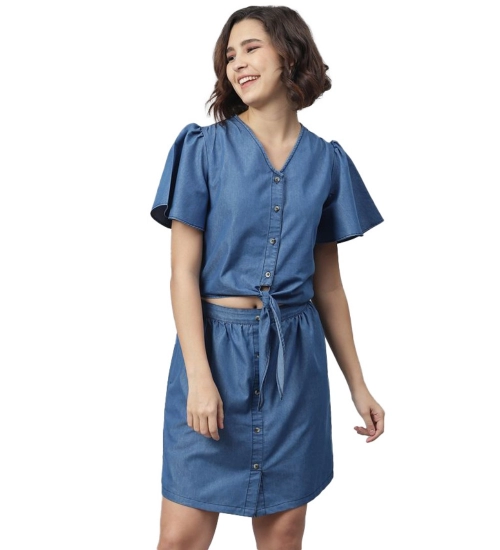 Women's Denim Solid Flutter Above Knee Dress (Blue)