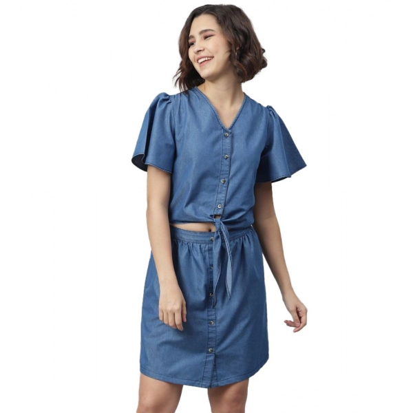 Dropship Women's Denim Solid Flutter Above Knee Dress (Blue)