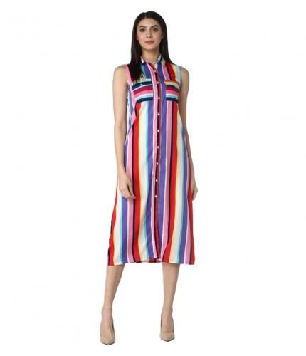 Women's Polyester Striped Sleeveless Calf-length Dress (Multicolor)