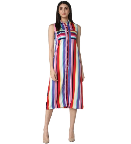 Women's Polyester Striped Sleeveless Calf-length Dress (Multicolor)