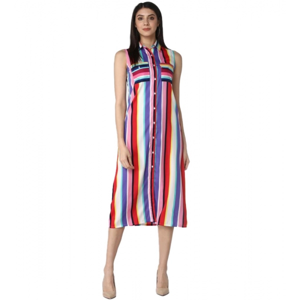Dropship Women's Polyester Striped Sleeveless Calf-length Dress (Multicolor)