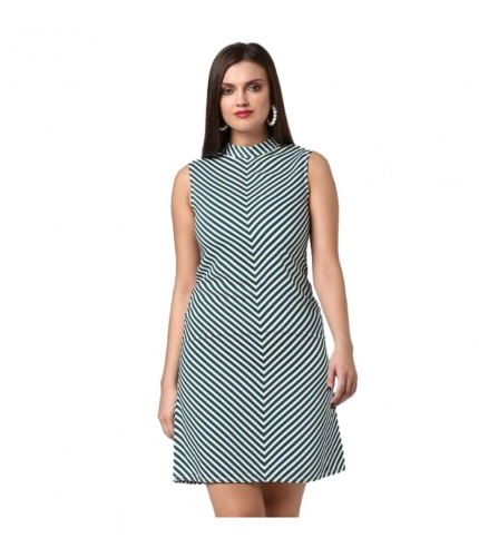 Women's Polyester Striped Sleeveless Above Knee Dress (Green)