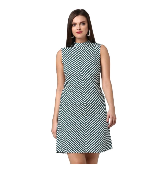 Women's Polyester Striped Sleeveless Above Knee Dress (Green)