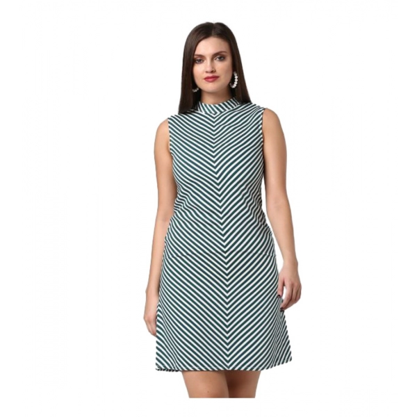 Dropship Women's Polyester Striped Sleeveless Above Knee Dress (Green)