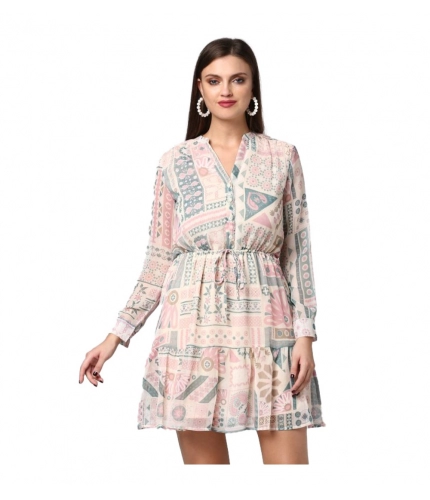 Women's Polyester Printed Long Sleeves Above Knee Dress (Light Pink - Off White)