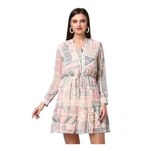 Dropship Women's Polyester Printed Long Sleeves Above Knee Dress (Light Pink - Off White)