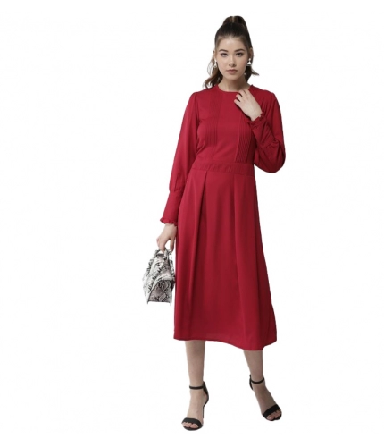 Women's Polyester Pintuck Long Sleeves Below Knee Dress (Red)